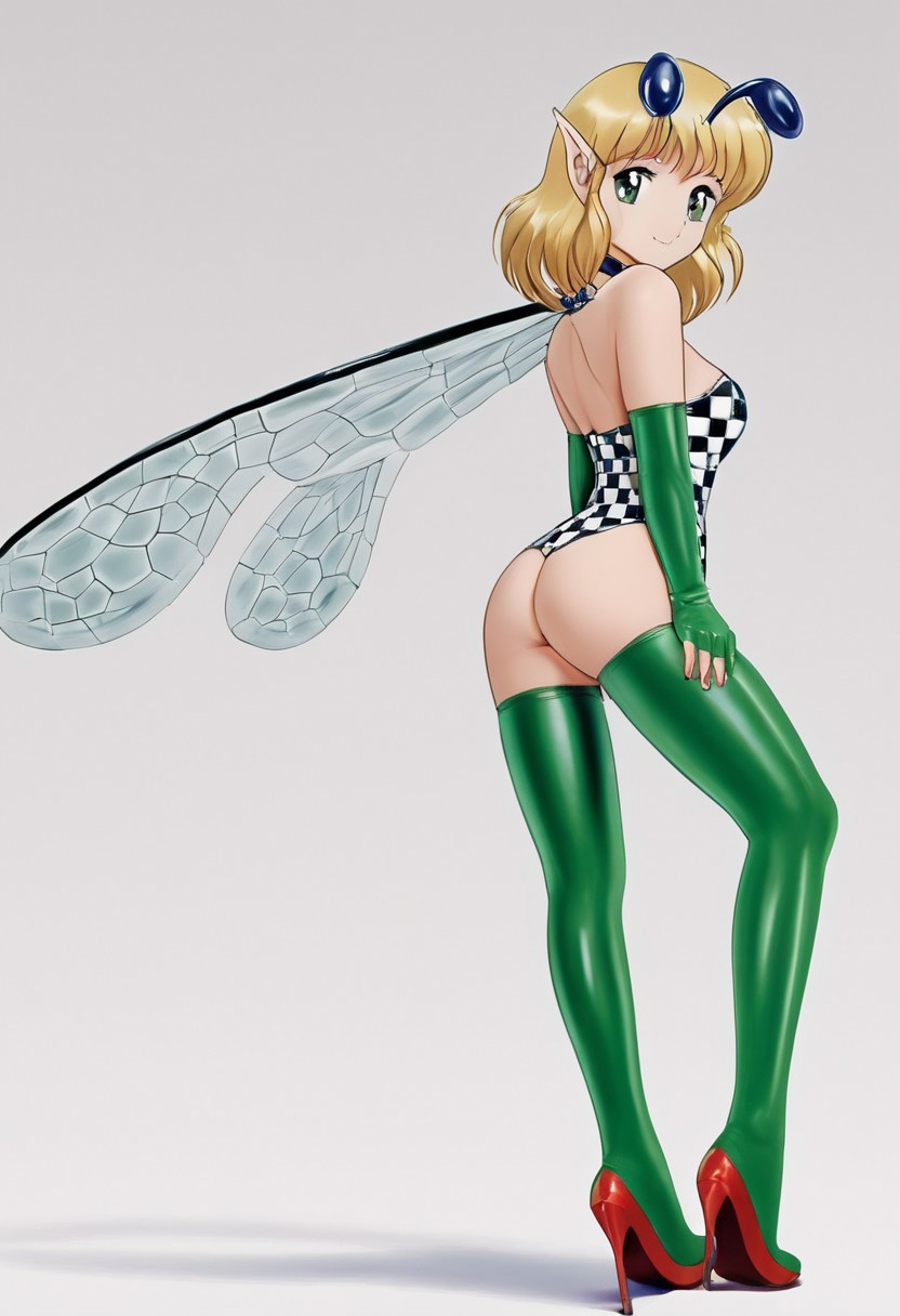 Retro art style, full body, miniature person, solo, Pfil, 1 girl, cute face, pointy ears, fairy, fairy wings, light eyes, highly detailed pupils, blonde hair, medium hair, insect antennae, black antennae, medium breasts, (red latex leotard, off the shoulder, cleavage, crotch zipper, elbow-length gloves, green leather gloves, lattice, crocodile skin, fingerless gloves, thigh-high stockings, green stockings, lattice, crocodile skin, red heels), from behind, ass, on all fours, turning to face viewer, shadow, simple background, white background