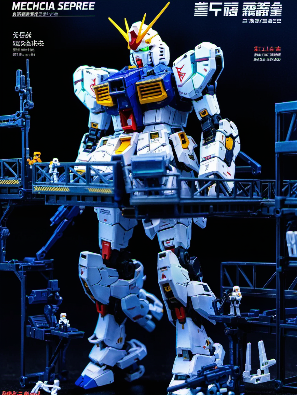 resin material style, Mecha, Gundam, repair warehouse, rifle for repair, glowing eyes, tiny maintenance crew, indoor searchlight, plenty of light, clear mecha details  <lora:è¶ä½¬V1:0.7>