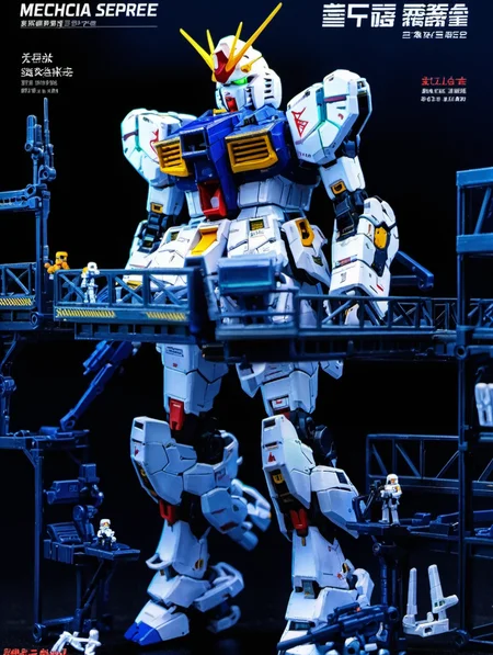 resin material style, Mecha, Gundam, repair warehouse, rifle for repair, glowing eyes, tiny maintenance crew, indoor searchlight, plenty of light, clear mecha details <lora:è¶ä½¬V1:0.7>