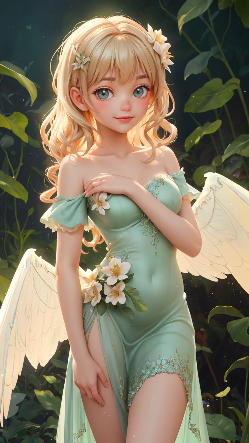 (pixar:1.3)
a beautiful fairy with short, wavy blonde hair adorned with small flowers, wearing a flowing green dress with delicate leaf patterns. She stands with one hand gently lifting the hem of her dress and the other resting on her hip, gazing over her shoulder with a playful smile. Her delicate, translucent wings catch the soft, ambient light filtering through the background. The background is a dreamy, ethereal garden with soft-focus flowers and light beams creating a magical atmosphere. The scene is illuminated by warm, diffused light, highlighting the realistic textures of her dress, hair, and wings. The composition captures a whimsical and enchanting mood, with detailed textures, intricate lighting, and expressive character features. Proper and realistic hand anatomy, natural hand positioning.
<lora:baclight_slider_v10:-1> <lora:breastsizeslideroffset:0.5> <lora:add_sharpness:1>