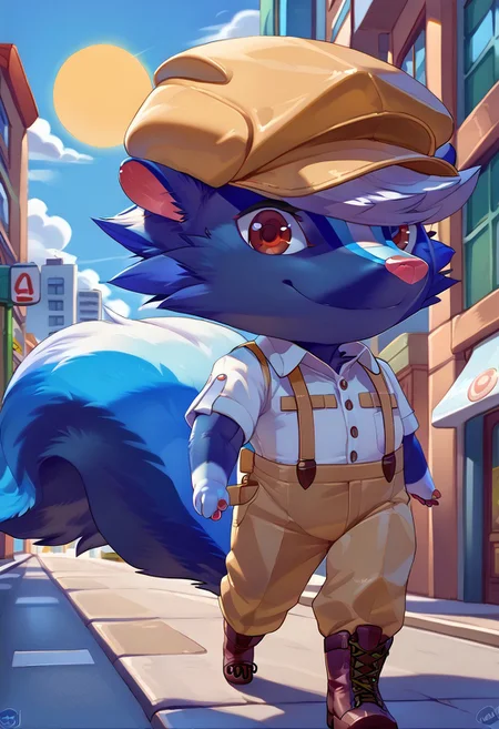 score_9, score_8_up, score_7_up, gorgeous, high detail, masterpiece, detailed face, stunning, detailed body,
1boy, male, solo anthro,  
by rajii,
rear view,
  walking away from viewer, looking over shoulder, looking back, looking at viewer,  (KicksAC, skunk, big tail,  beige hat, red eyes:1.4), (blue fur:1.6), boots, chibi, tiny feet
(white collared shirt, beige suspenders, beige slacks:1.4), 
smile,
city streets setting, sun, blue sky, white clouds, buildings, zPDXL3