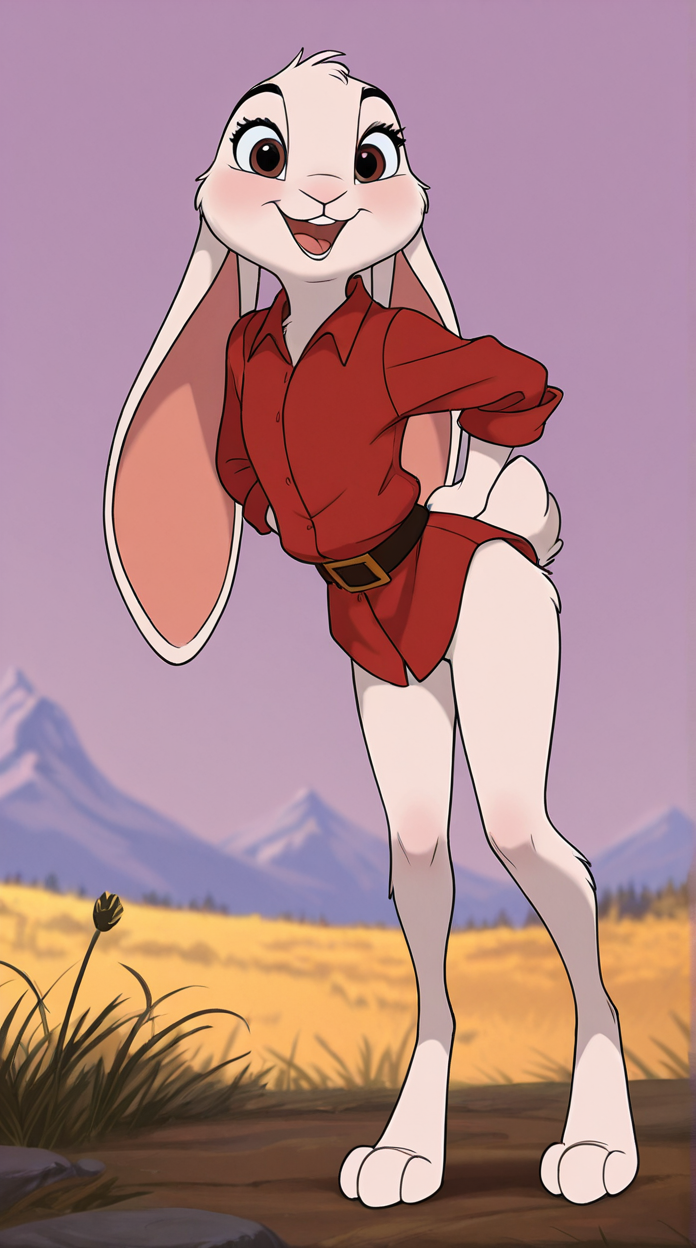 disney animation,
best quality, amazing quality,
solo, (fluffy:0.8), (feral), furry, (((rabbit, lagomorph, fluffy, long ears, big feet, floppy ears, digitigrade, long legs, scut tail, white fur))), female, (fluffy cheeks:0.7), (red shirt), belt, (solo:2), open smile, cute, (upper body shot, portrait:1.1), embarrassed, look at viewer, smile, outside, adventure, 
<lora:Disney_Animation_v5-V7:1>âââ
