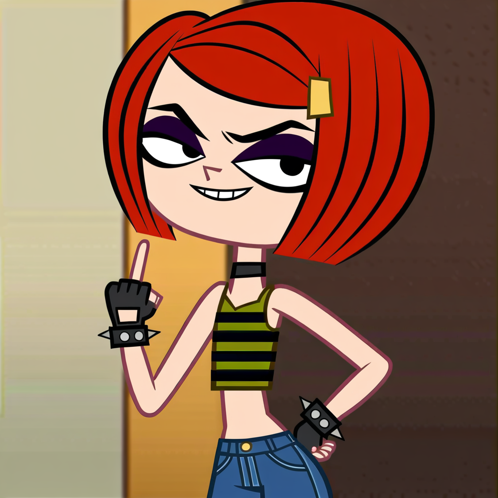 score_9, score_8_up, score_7_up, score_6_up, score_5_up, score_4_up, 1girl, red hair, bob cut, eyeliner, eyeshadow, hairclip, flat chest, narrow waist, wide hips, fingerless gloves, choker, spiked bracelet, fishnets, tank top, denim shorts, chain, looking at viewer, smirk, middle finger, highres, high quality, masterpiece, <lora:Laney_Penn:1> <lora:flat_color_anime_xl:1>