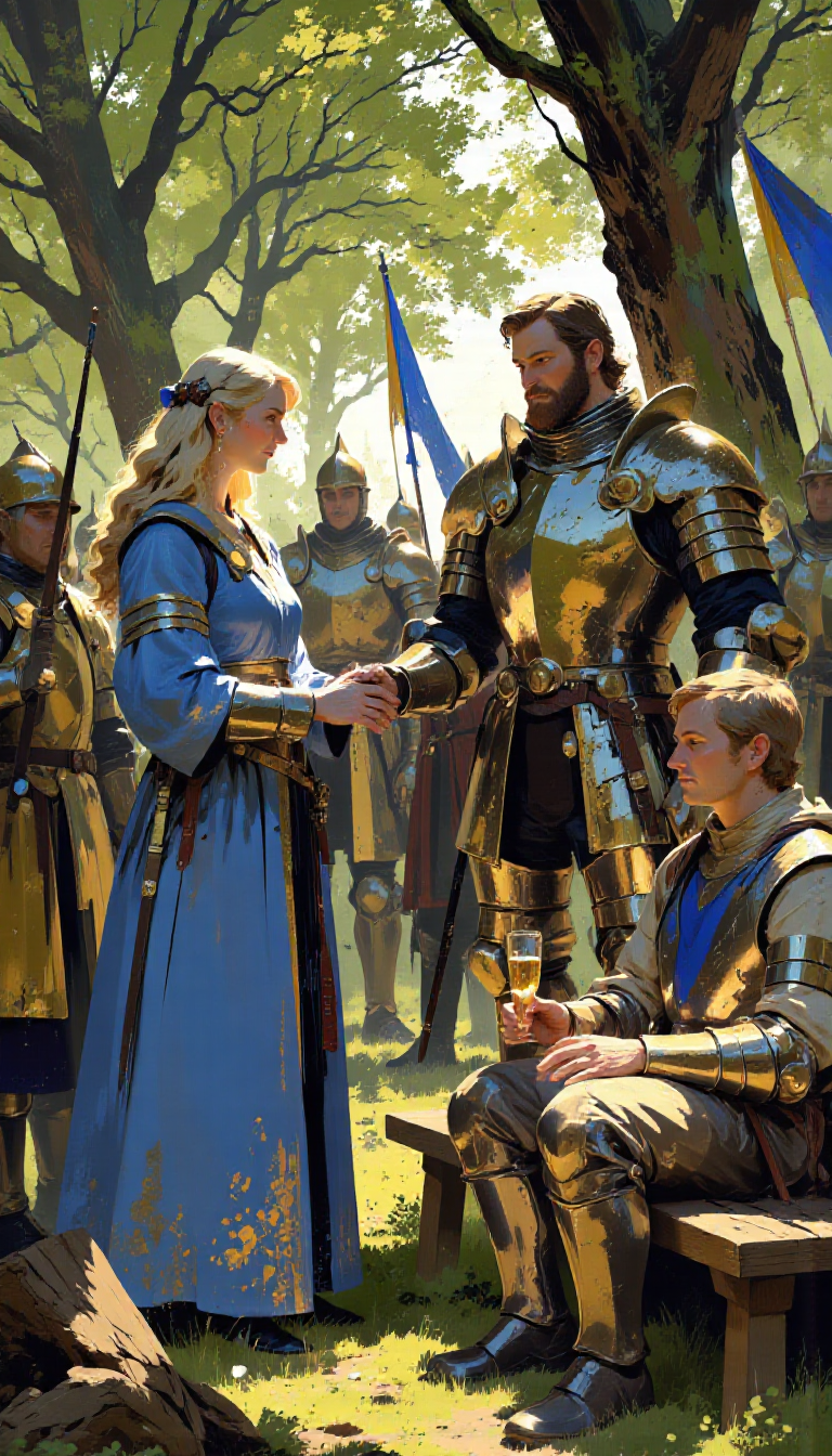 pscho_4rt,mythp0rt,very wide angle, put subject further away, small subject, A digital illustration shoot from the side about a lively scene depicting a medieval battle scene in a forest setting, featuring a group of medieval knights engaged in a lively conversation. the scene is set in a lush, green forest with sunlight filtering through the trees, creating a warm and inviting atmosphere. on the left side of the image, a woman with long blonde hair, wearing a blue dress and holding a glass of wine, appears to be smiling, standing in the middle of the scene. she is facing the viewer and looking at them with a confident expression. to her right, a man with a muscular build, wearing full armor, standing with his hands on his hips, is also smiling. he is wearing a helmet, breastplate, gauntlets, and a tunic, and has a beard. to his left, another man in armor, also smiling, is sitting on a wooden bench, holding a beer glass. he has a serious expression and is looking at the woman. in the background, other soldiers can be seen, some standing and some sitting, with a blue and yellow flag in the distance.  solo, long hair, looking at viewer, smile, holding, multiple girls, dress, holding hands, standing, brown hair, full body, outdoors, boots, multiple boys, tree, holding cup, drinking glass, armor, bottle, holding beer, knight, beer bottle, viera  camera_angle: from side, art_style: digital illustration, location: forest, background: A lively scene with soldiers and trees, text: NA, distance_to_camera: full body;full body, clothing: armor;faulds, image_composition: left;middle;right, pants: NA;NA, accessory: helmet;sleeveless tunic;blue dress, shoes: NA: NA ;NA, action: standing;standing;holding glass, facing_direction: facing viewer;facing viewer, eye_direction :looking at viewer;looking at woman, facial_expression: smile;smile;smiling, gender: 1man;1woman, hair_color: blonde hair;brown hair, hair style: long hair;long hair, race: light skin;light skin, body: muscular;slim