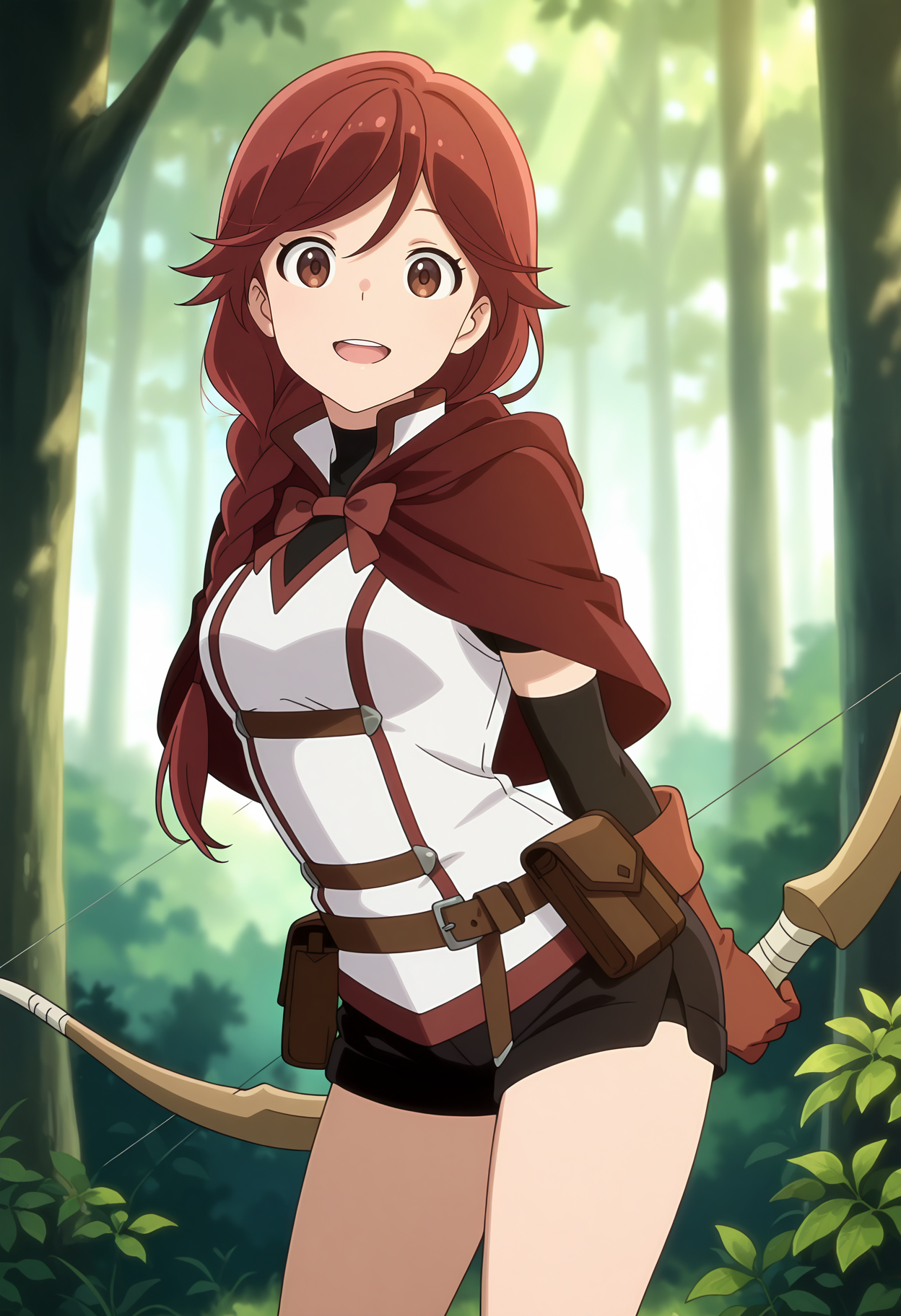 anime screencap, masterpiece, best quality,
<lora:HaiToGensouNoGrimgar_Yume_IlluXL:0.9>,
1girl, solo, open mouth, light smile, upper teeth only,
long hair, hair over shoulder, single braid, red hair, brown eyes,
red capelet, white vest, single elbow glove, red gloves, black gloves, brown belt, belt pouch, short shorts, black shorts, 
bow \(weapon\),
arms behind back, arched back, standing, looking at viewer, 
forest, nature, foliage, blurry background, day