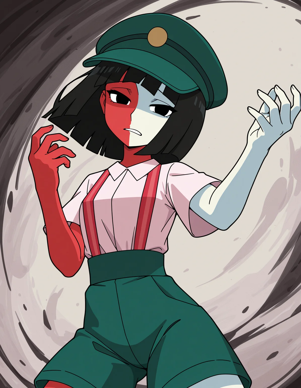 <lora:ENABBQILXL_V1T4:0.8> ena, 1girl, solo, white skin, red skin, multicolored skin, split color, short hair, bob cut, black hair, green hat, collared shirt, short sleeves, suspenders, green shorts, void eyes, very aesthetic, absurdres, looking at viewer, (dynamic pose:1.1)