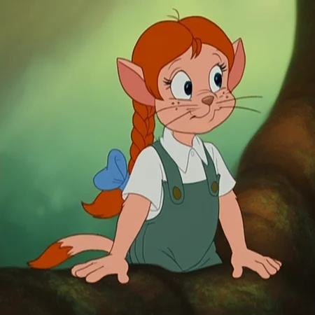 blue eyes, in a forest, dark green overalls, solo, short-sleeved white shirt, feline, furry, freckles face, Amy_Lawrence, tail, barefoot, cute, pointed ears, whiskers, hair braid, smile, standing, expressive eyes, small round nose, full body, orange hair, blue bow, Score_9, cream fur, cat ears