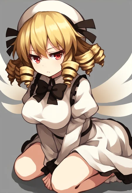 score_9,score_8_up,score_7_up,<lora:touhou_146:1>,1girl, bad_id, bad_pixiv_id, blonde_hair, breasts, dress, drill_hair, hat, kneeling, large_breasts, luna_child, red_eyes, short_hair, sketch, solo, wings