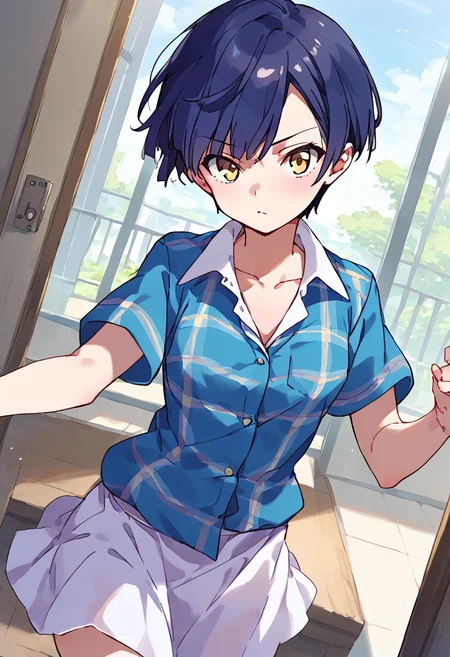 score_9,score_8_up,score_7_up,source_anime,zPDXL3,living room,indoors,
*//*,<lora:NanaseYoshino-v1.0:0.8>,nanaseyoshino_wug,1girl,solo,yellow eyes,short hair,black hair,collarbone,frosty blue shirt,plaid shirt,collared shirt,blue skirt,white skirt,
*//*,looking at viewer,cowboy shot,dutch angle,dynamic pose,