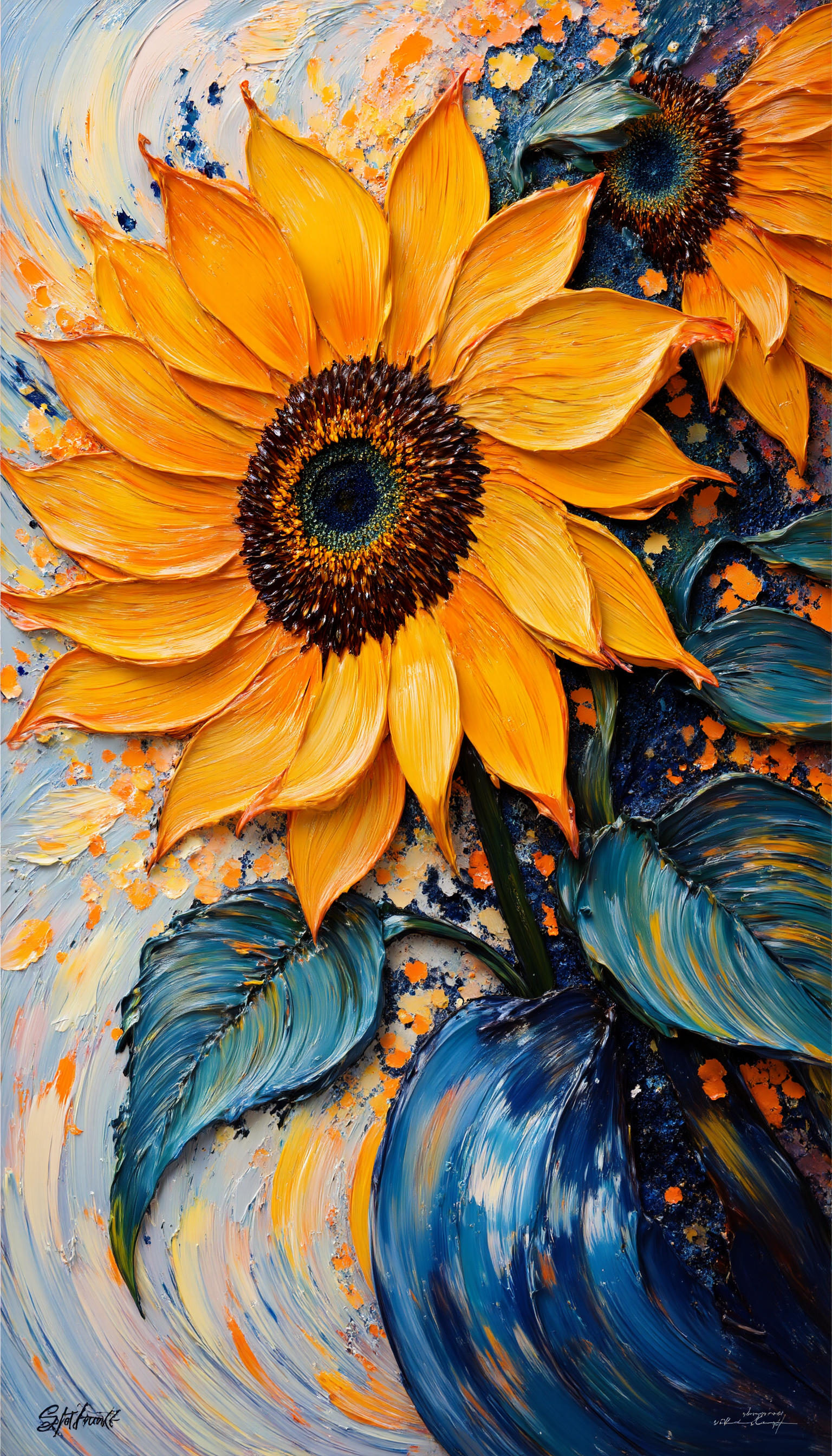 A modern reinterpretation of Vincent van Goghâs "Sunflowers," featuring energetic impasto brushstrokes and bold, contemporary colors. The sunflowers are painted with thick, textured layers of paint using a palette knife and hog hair brushes, creating dynamic, swirling petals. The composition is minimalistic, with a focus on the bold shapes and energetic brushwork, where vivid yellows, oranges, and contrasting deep blues define the flowers. The image balances the intensity of the impasto technique with a clean, refined background, creating a harmonious blend of chaotic energy and simplicity, impasto, brushwork, paint layers, a sleek, stippling, <lora:Midjourney_Whisper_BrushPulse_v01_epoch_20:1>,  <lora:midjourney_whisper_flux_lora_v01:1>,