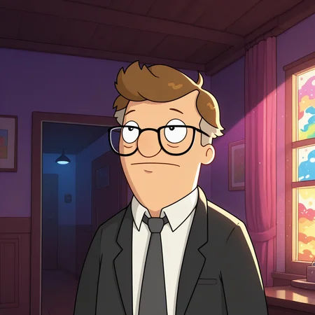 ((masterpiece, amazing_quality, colorful, detailed background, vibrant, very aesthetic, luminous lighting)), (toon \(style\):0.4), <lora:bb-mort-09:1> bb-mort, 1boy, male focus, (chubby:0.5), glasses, formal, upper body,