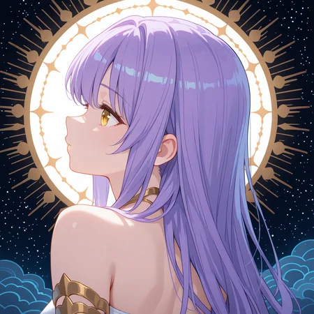 ((radiant reflections, rich color tones, deep contrast, intricate textures, luminous lighting, cinematic ambiance, shimmering gradients, best quality, colorful, masterpiece, detailed_background, high quality, amazing quality)), <lora:Soulweaver_Lunelle-v1-000009:0.8> sk-soulweaver, 1girl, (aged_up:0.5), purple hair, face shot, reflection, galaxy, profile, galaxy on eyes, yellow eyes, upper body, no hair ornament,