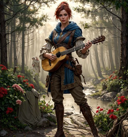 RAW photo, (masterpiece:1.3), subsurface scattering, heavy shadow, (high quality:1.4), (intricate, high detail:1.2), professional photography, HDR, High Dynamic Range, realistic, ultra realistic, photorealistic, high resolution, film photography, ambient lighting, atmospheric effects, <lora:detail_slider_v4:2>, OverallDetail, <lora:Bard:0.8> ,1girl, anklet, bard, blonde hair, blue eyes, boots, brown eyes, brown footwear, brown hair, brown pants, clenched hand, cloud, dress, forest, full body, hood, instrument, jewelry, looking at viewer, lute \(instrument\), music, outdoors, pants, playing instrument, ponytail, pouch, puffy sleeves, red flower, red hair, ring, scabbard, sheath, signature, simple background, solo, white hair