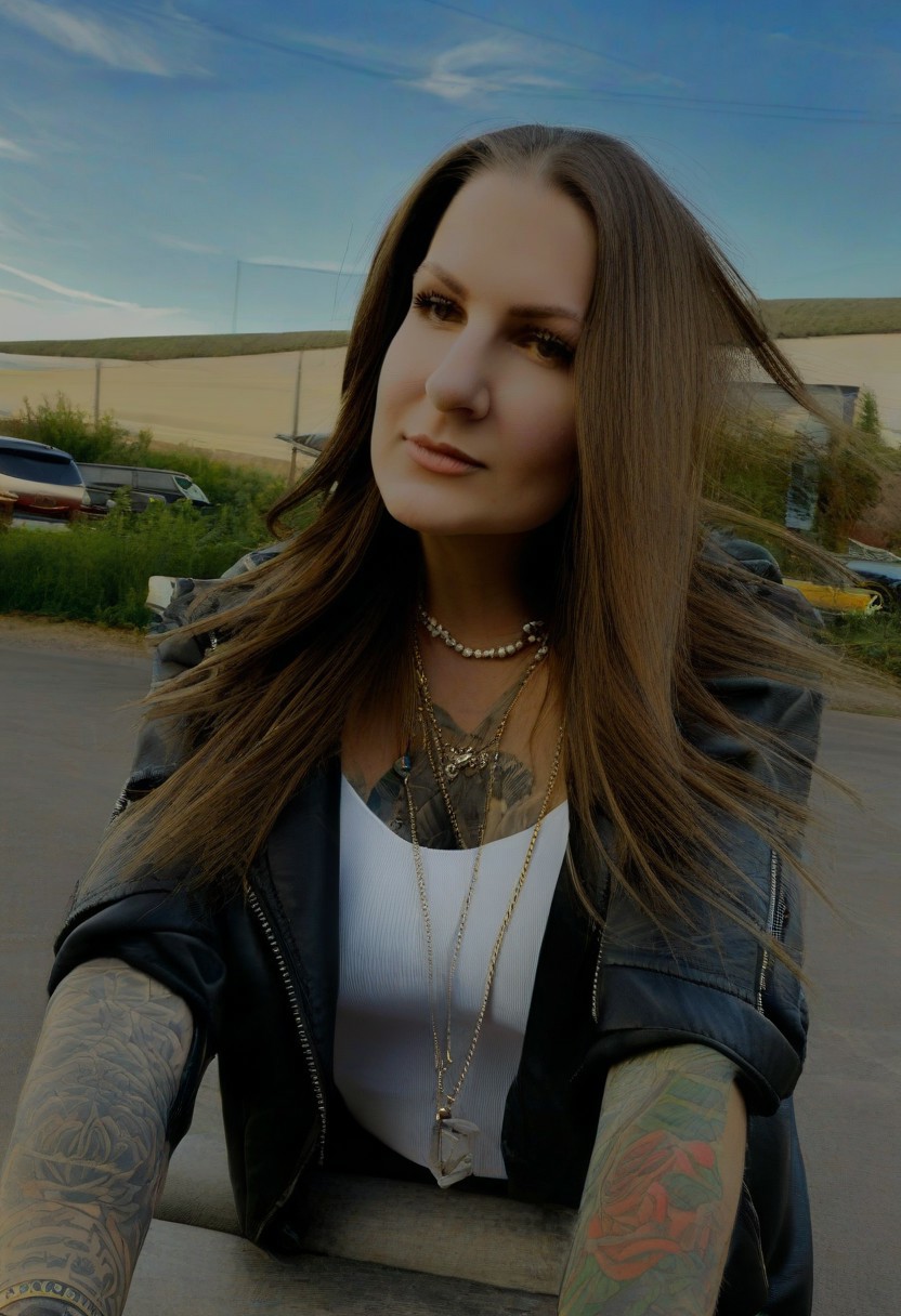 1girl, solo, tattoo, jewelry, realistic, brown hair, necklace, jacket, long hair, photo background, looking at viewer, outdoors, motor vehicle, arm tattoo, gnsuh