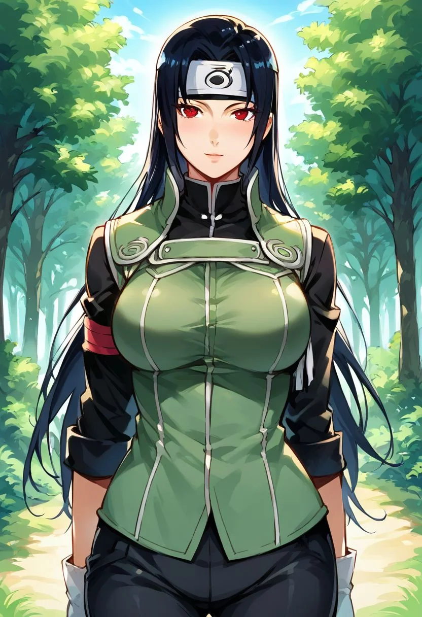 score_9, score_8_up, score_7_up, ASCII masterpiece, source_anime, BREAK, 1girl, solo, (( <lora:mikoto_uchiha :1> , mikoto_uchiha, thin waist, wide hips, beautiful skin, beautiful dark blue hair, beautiful long hair, clear eyes, piercing black eyes, bright pupils, beautiful eyes, huge and shaggy breast, beauty, extraordinary beautiful woman, attractive woman, super sexy woman, lustful body, sexy milf with seductive obscene body, sensual body, voluptuous body)) , red eyes, sharingan eyes, forehead protector, gloves, konohagakure symbol, green vest, pants, looking at viewer, standing, cowboy shot, outdoors, forest,