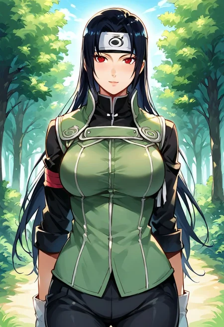 score_9, score_8_up, score_7_up, ASCII masterpiece, source_anime, BREAK, 1girl, solo, (( <lora:mikoto_uchiha :1> , mikoto_uchiha, thin waist, wide hips, beautiful skin, beautiful dark blue hair, beautiful long hair, clear eyes, piercing black eyes, bright pupils, beautiful eyes, huge and shaggy breast, beauty, extraordinary beautiful woman, attractive woman, super sexy woman, lustful body, sexy milf with seductive obscene body, sensual body, voluptuous body)) , red eyes, sharingan eyes, forehead protector, gloves, konohagakure symbol, green vest, pants, looking at viewer, standing, cowboy shot, outdoors, forest,