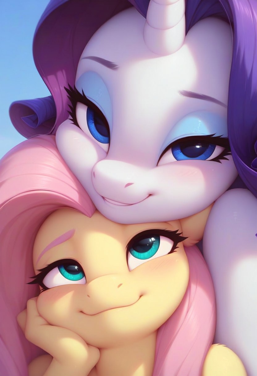 score_9, score_8_up, score_7_up, 2 girls, pony, highly detailed macro illustration, Fluttershy, Rarity, smiling, blushing, close-up on face, intricate details, high resolution, sharp focus, best render quality, cheek squish, source_anthro, lidded eyes, beach background, my little pony the movie, looking at viewer, head on head, head rest, anthro