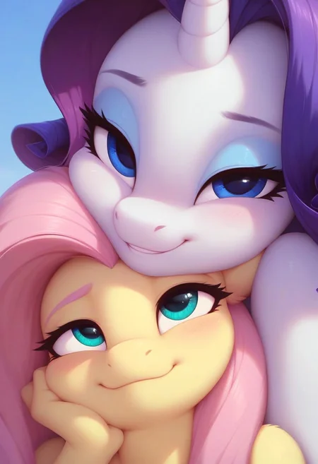 score_9, score_8_up, score_7_up, 2 girls, pony, highly detailed macro illustration, Fluttershy, Rarity, smiling, blushing, close-up on face, intricate details, high resolution, sharp focus, best render quality, cheek squish, source_anthro, lidded eyes, beach background, my little pony the movie, looking at viewer, head on head, head rest, anthro