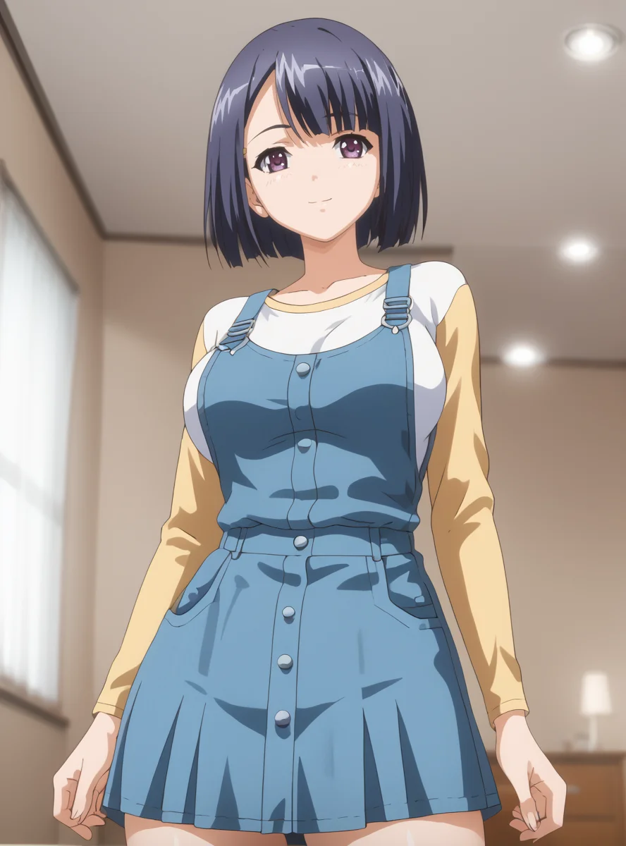 better skin,(score_9_up:1.2),(score_8_up:1.2),(score_7_up:1.2),expressiveh, ,1girl,Masterpiece,(detailed hair), detailed background,thick thighs, big breasts,wide hips, small waist, detailed skin, looking at viewer, big breasts, perfect anatomy, correct sense of scale, side lighting, feminine body, shiny skin, high layer, high layer long, slim, constricted waist, nice body, lips, Sexy mouth, neatly drawn nose, beautiful fingers, beautiful white skin, Beautiful clear skin, smile, looking at viewer,  <lora:Makino_Akira_-_Oni_Chichi_2:1>makino akira, purple eyes, short hair, blue hair, large breasts, hair ornament, ass, perfect ass, overalls, shirt, standing, facing viewer