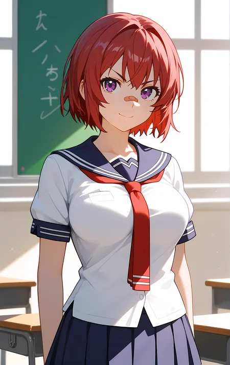 (score_9, score_8_up, score_7_up), standing, looking at viewer, closed mouth, light smile, tight clothes, upper body, close-up,
ohwx, 1girl, solo, short_hair, purple_eyes, red_hair, breasts, bandaid_on_face, bandaid, v-shaped_eyebrows, large_breasts, bandaid_on_nose,
school_uniform, skirt, serafuku, necktie, pleated_skirt,
window, sunlight, classroom,
<lora:azuki_shinatsu_pony_ss:1>