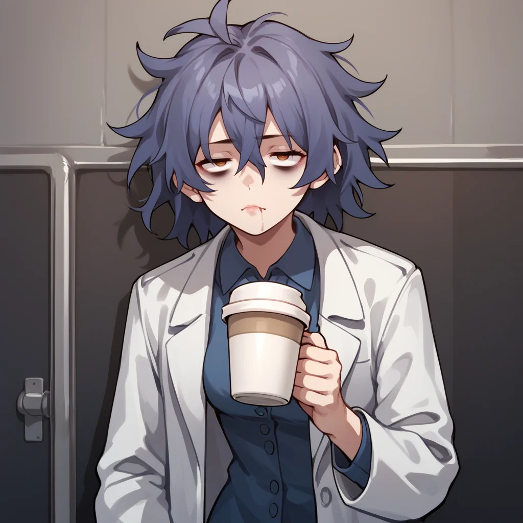 score_9,score_8_up,score_7_up,score_6_up,source_anime,rating_safe, <lora:Disheveled:0.8> d1sheveled, messy hair, exhausted, bags under eyes, labcoat, holding coffee, zPDXL2,