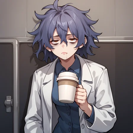score_9,score_8_up,score_7_up,score_6_up,source_anime,rating_safe, <lora:Disheveled:0.8> d1sheveled, messy hair, exhausted, bags under eyes, labcoat, holding coffee, zPDXL2,
