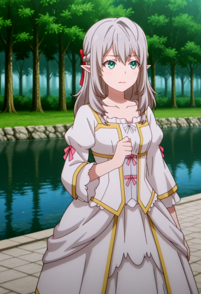 masterpiece,high quality,highres,absurdres,(,,,<lora:Young Tessia_IL:0.8>,,,,Young Tessia,1girl,gray hair,pointed ears,elf,green eyes,,<lora:empress_outfit1:1.1>,,empress_outfit1,masterpiece,best quality,ultra-detailed,(pure white dress:1.3),(gold embroidery:1.2),(pink ribbon accents:1.1),corset-style bodice,lace-up detail,puffed sleeves with gold trim,multi-layered skirt with ruffled hem,soft glowing fabric,volumetric lighting,intricate textures,(high-resolution:1.2),dynamic shading ),forest,river,exposed nick,exposed collarbone,
