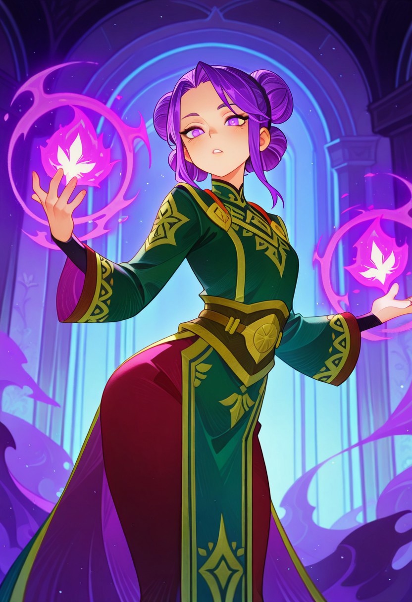 masterpiece, best quality, amazing quality, 1girl, solo,, <lora:afkArenaIllustrious:1>afkarenastyle, purple hair in a bun, young woman, magic rogue,