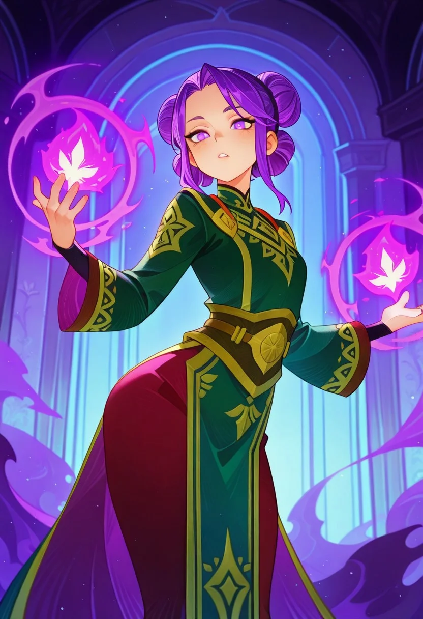 masterpiece, best quality, amazing quality, 1girl, solo,, <lora:afkArenaIllustrious:1>afkarenastyle, purple hair in a bun, young woman, magic rogue,