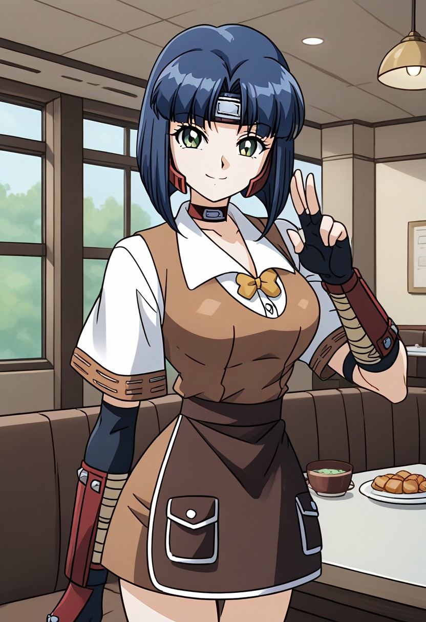 1girl, solo, hazukini, short hair, blue hair, green eyes, headband, choker, fingerless gloves, elbow gloves, short sleeves, collared shirt, brown vest, brown skirt, apron, indoors, cafeteria, standing, serious, smile, confident smile,