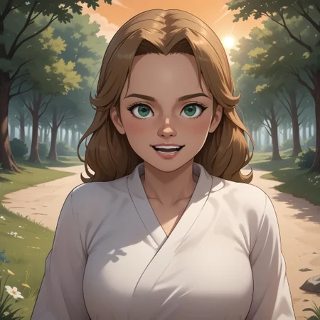 score_9, score_8, BREAK, solo, wii, mii, wii sports resort, 1girl, female mii, tree shaped nose, green eyes, light brown hair, open mouth, teeth, blush, white clothing, white pants, sandals, cute, nintendo mii, modern_mii, classic_mii, breasts, Ursula_(\Wii_Sports_Resort\), sexy pose, self portrait, smile, outdoors, sunlight, shadows, evening lighting, natural lighting, forest, trees, grass, orange sky, sunset