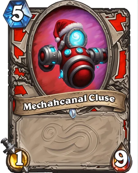 A mechanical Santa Clause bot Hearthstone Card <lora:SDXL-HearthstoneCard-Lora:0.7>