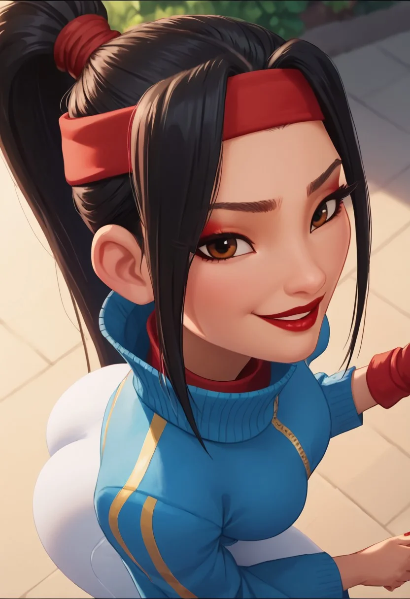 score_9, score_8_up, score_7_up, ultra quality, solo, 1girl, chang'e_tt, 1girl, asian, high ponytail (black hair, red headband), big eyelashes, brown eyes, makeup, red eyeshadow, red lipstick, red nails, red wristbands, blue track jacket (turtleneck, wide sleeves), light blue spandex, smug smile, big hips, big butt, bubble butt, breasts, narrow waist, curvy, score_9, score_8_up, score_7_up, score_6_up, looking at the viewer, standing, close up, view from above, screencap