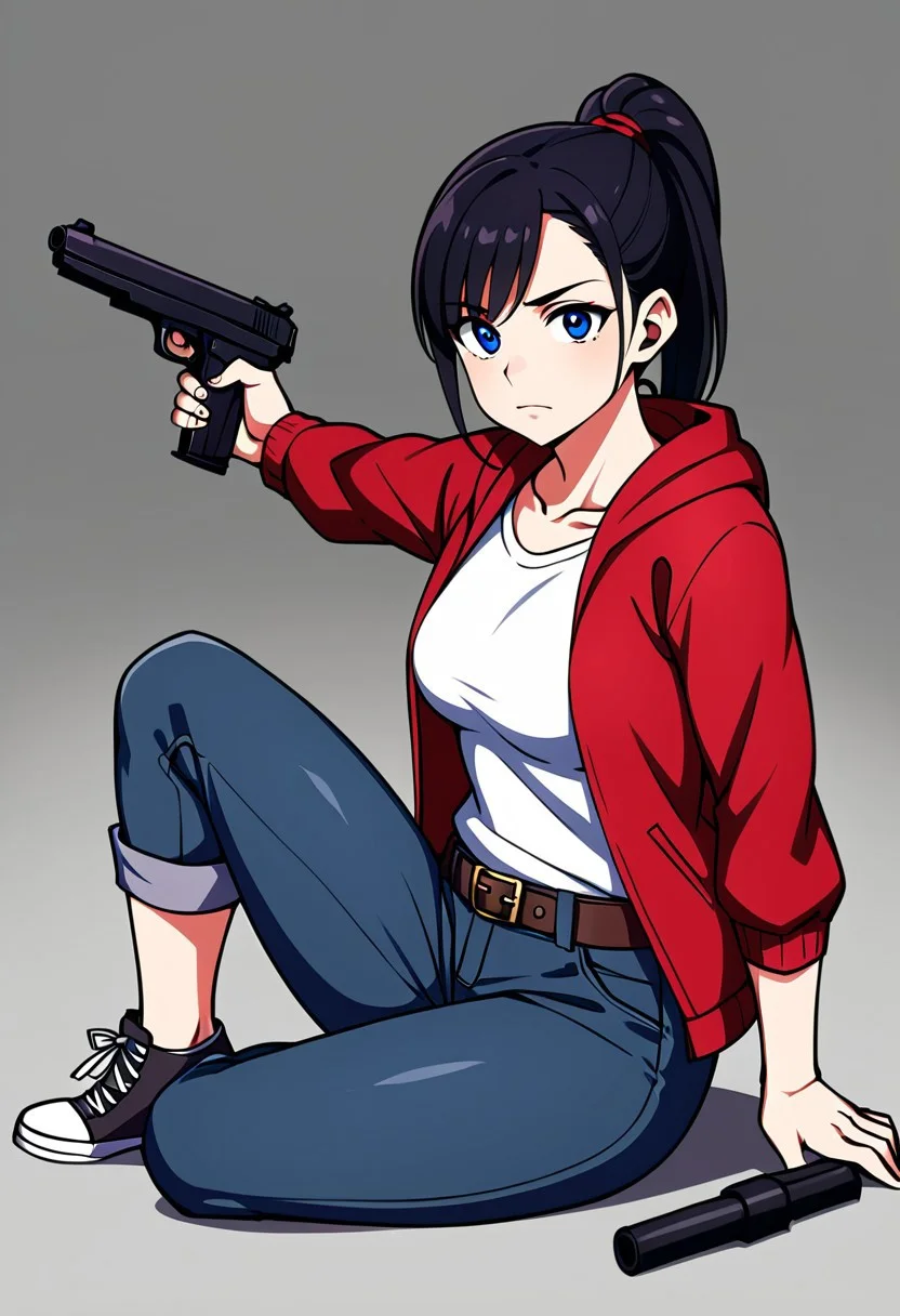 dark hair tied up, light skin, dark blue eyes, red hooded jacket, gray t-shirt underneath, dark jeans, belt with a gun holster, gray converse shoes
