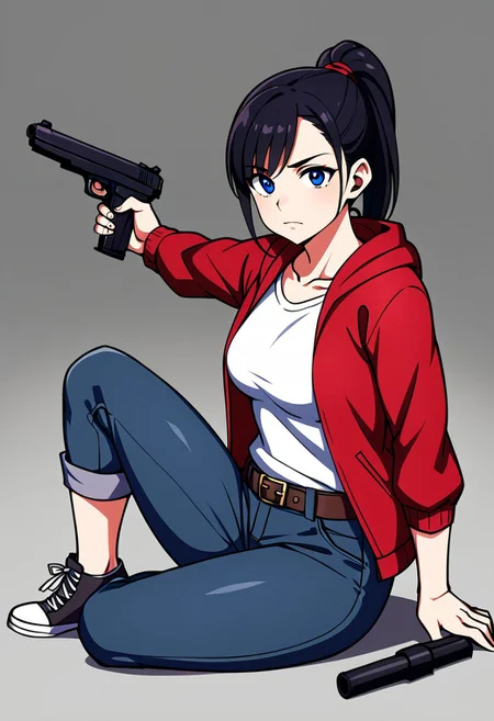 dark hair tied up, light skin, dark blue eyes, red hooded jacket, gray t-shirt underneath, dark jeans, belt with a gun holster, gray converse shoes