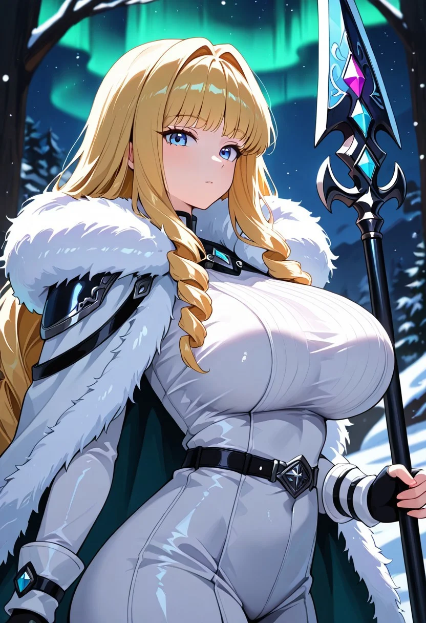masterpiece, best quality, good quality, very aesthetic, absurdres, newest, 8K, depth of field, in the style of cknc, artist:moriimee, in the style of cksc,
1girl, tan skin, long blonde hair, braided, blue eyes, large breasts, bouncy, fur cloak, snowy skin, holding spear, looking at viewer, from side
BREAK
icy tundra, aurora borealis, wolves howling
BREAK
cool tones, aurora glow, high contrast, frosty shine, rich details, wild atmosphere