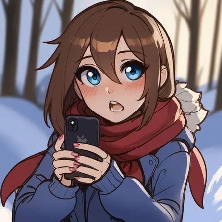 score_9, score_8_up, score_7_up, ma1n1cpa1nt, sketch,
1girl, safe, solo, long hair, blush, open mouth, blue eyes, brown hair, long sleeves, hair ornament, holding, hair between eyes, upper body, outdoors, hood, blurry, scarf, :o, sweater, fingernails, tree, blurry background, bird, phone, hood down, cellphone, smartphone, pink nails, holding phone, red scarf, winter,
<lora:fix_hands:1.5>,
<lora:mainiacpaint_style_v1:0.8>,