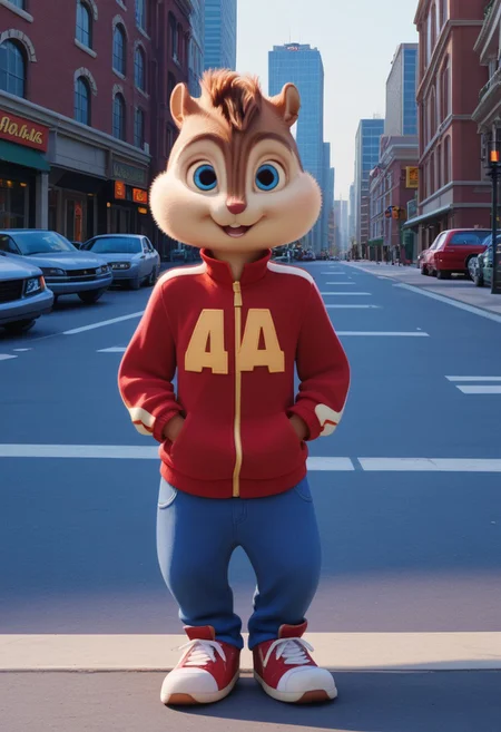 Score_9, score_8_up, score_7_up, source_furry, Alvin Seville, chipmunk, chipmunk male, furry male, furry, 3d, render, movie screencap, blue eyes, red track suit jacket , blue jeans, sneakers, tail, hands in pockets, New York, City, buildings, streets, sidewalk, standing , looking at viewer, <lora:Alvin _Seville __Alvin_and_the_Chipmunks__CG_Movie_version:0.8>