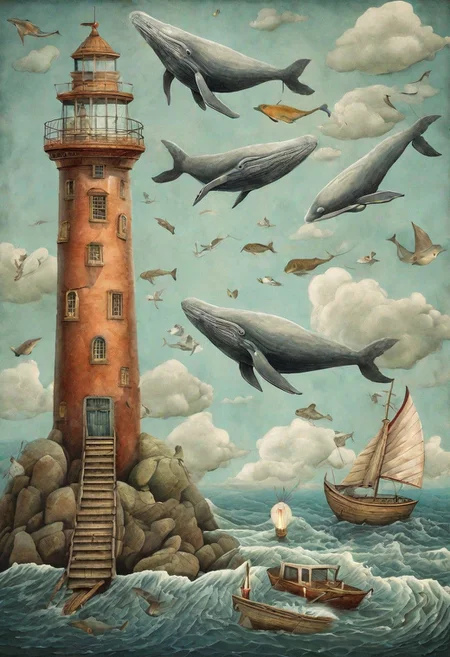 Neo Surrealism, whimsical art, fantasy, painting, magical realism bizarre art, pop surrealism, inspired by Remedios Varo, Jacek Yerka and Gabriel Pacheco. Generate an illustration of Whales flying between lighthouses.
