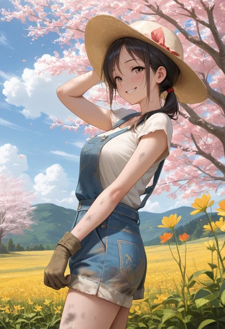 masterpiece, best quality, amazing quality, soviet, spring, girl works in her garden, she is smiling, outdoors, dirty, day, blue sky, cloudy sky,