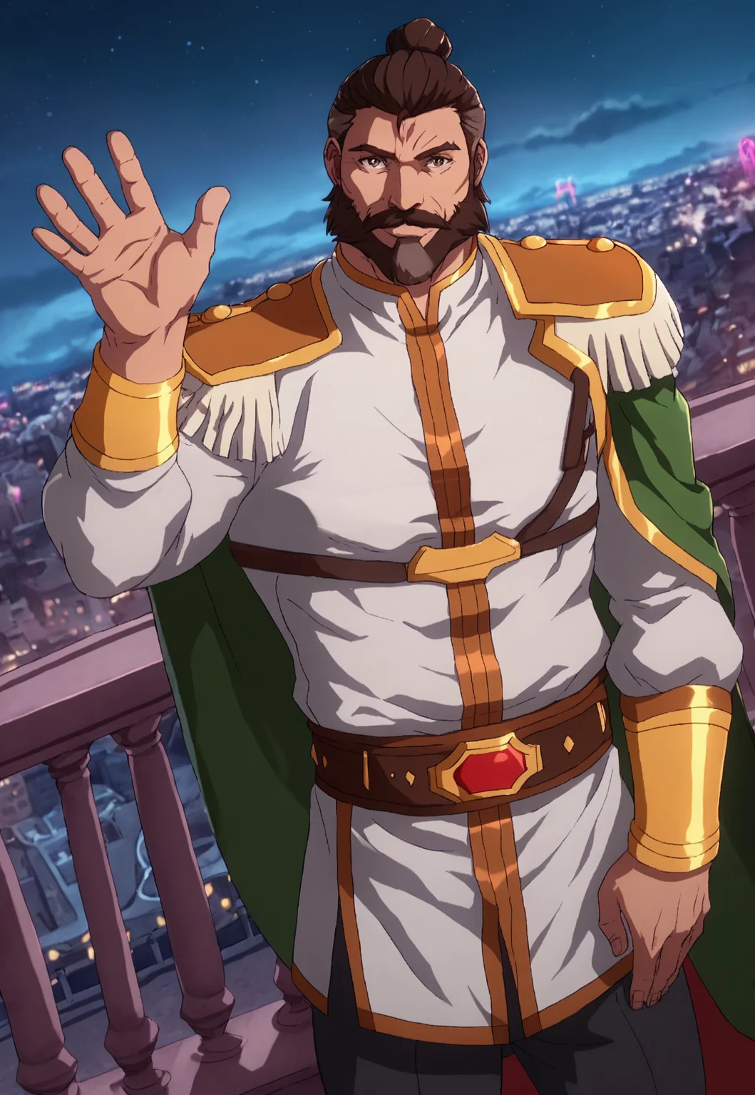 score_9, score_8_up, DuncanFormal, short hair, hair bun, two-tone hair, brown hair, greying hair, brown eyes, beard, mustache, muscular, mature male, green cape, epaulettes, white tunic, bracers, belt, black pants, looking at viewer, smile, dynamic pose, detailed background, dutch angle, balcony, neon lights, skyline, clouds, night, waving,