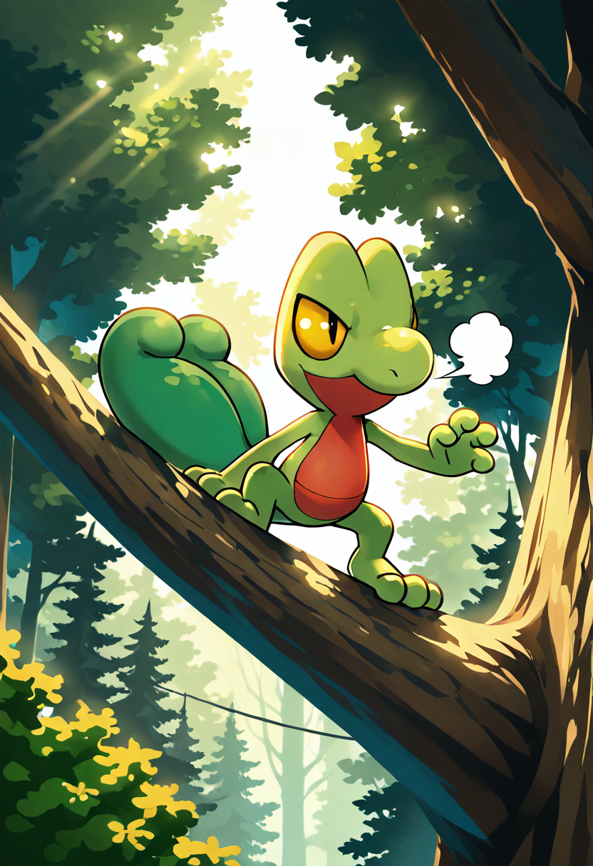 masterpiece, best quality,    zzTreecko, forest, climbing tree, dynamic pose, backlighting, warm sunlight, mossy bark, intense gaze â Treecko clings to the rough bark of an ancient tree, backlit by golden rays piercing the canopy. It crouches low, tail coiled for balance, eyes sharp as it scans the underbrush. Dust motes drift in the dappled light, the entire forest holding its breath before the next sudden leap.  ,   ,<lora:TreeckoPokedex_IXL:1.0>,