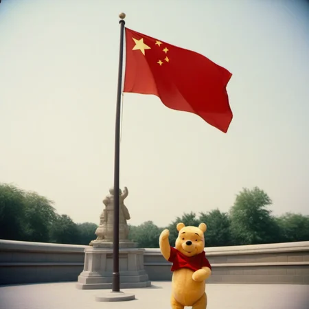analog film photo a liveaction winnie the pooh military salutes, china flag, propaganda still, view from under <lora:Winnie1024:0.8> . faded film, desaturated, 35mm photo, grainy, vignette, vintage, Kodachrome, Lomography, stained, highly detailed, found footage
