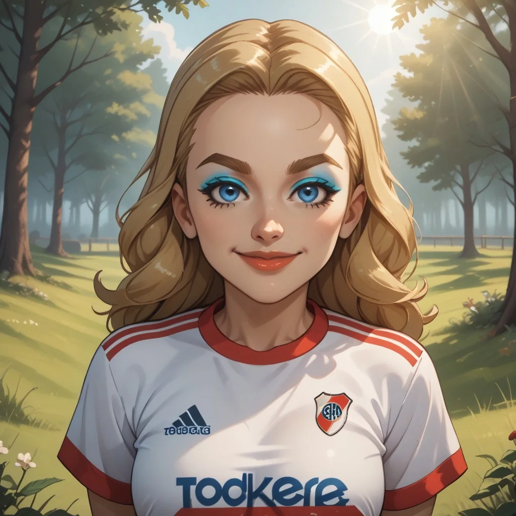 score_9, score_8, BREAK, solo, wii, mii, wii sports, 1girl, female mii, blonde hair, blue eyes, blue eyeshadow, dark blonde eyebrows, lips, RiverPlate, striped shirt, striped, shirt, white shirt, short sleeves, clothes writing, sportswear, soccer uniform, cute, nintendo mii, modern_mii, classic_mii, breasts, Holly_(Wii_Sports), sexy pose, self portrait, smile, looking at viewer, outdoors, sunlight, shadows, evening lighting, natural lighting, forest, trees, grass, orange sky, sunset