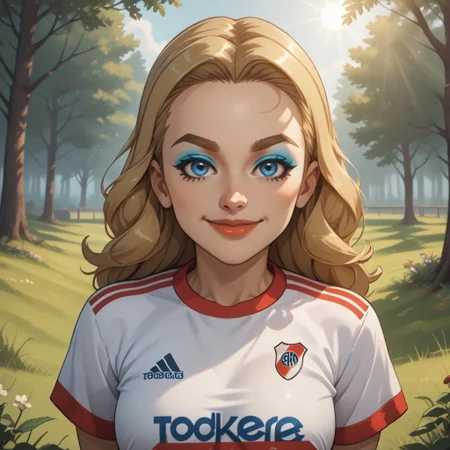 score_9, score_8, BREAK, solo, wii, mii, wii sports, 1girl, female mii, blonde hair, blue eyes, blue eyeshadow, dark blonde eyebrows, lips, RiverPlate, striped shirt, striped, shirt, white shirt, short sleeves, clothes writing, sportswear, soccer uniform, cute, nintendo mii, modern_mii, classic_mii, breasts, Holly_(Wii_Sports), sexy pose, self portrait, smile, looking at viewer, outdoors, sunlight, shadows, evening lighting, natural lighting, forest, trees, grass, orange sky, sunset
