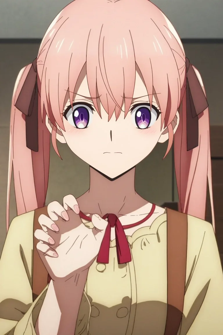 zPDXL, score_9, score_8_up, score_7_up, source_anime, anime screencap, rating_safe, , , depth of field, 1girl, <lora:erika_amano_pony:0.70>, erika_amano, pink hair, purple eyes, long hair, bangs, hair between eyes, twintails, ribbon, hair ribbon, solo, close-up, apartment, light, claw pose, nervous, <lora:fate_go_style_pony:1.1>, fate_go_style, , <lora:sdxl_lightning_8step_lora:1>