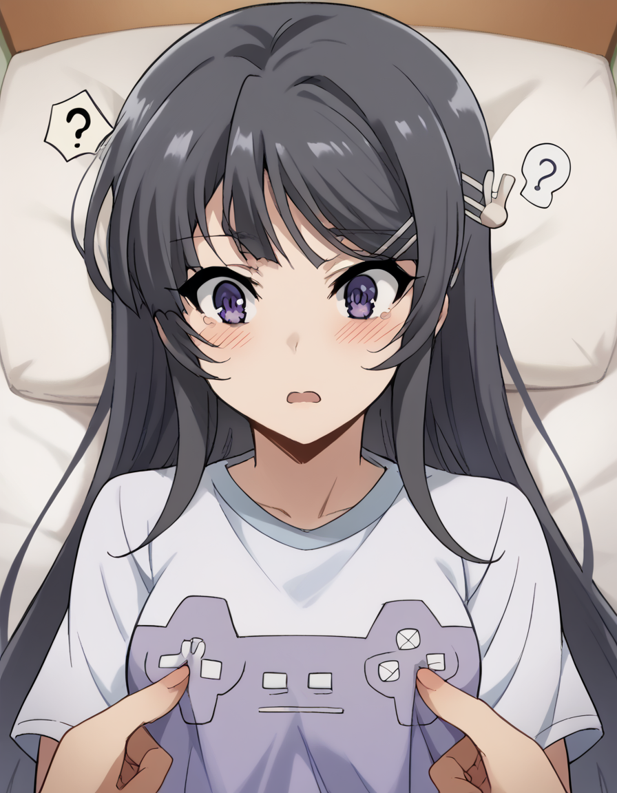 score_9, score_8_up, score_7_up, source_anime, maisakurajima, <lora:mai-sakurajima-s1-ponyxl-lora-nochekaiser:1> mai sakurajima, long hair, bangs, black hair, hair ornament, purple eyes, hairclip, rabbit hair ornament,, <lora:game-controller-print-ponyxl-lora-nochekaiser:1>, game controller print, game controller, print shirt,, bed, bed room, <lora:breast-poke-ponyxl-lora-nochekaiser:1>, breast poke, ?, blush, open mouth,, cowboy shot, dutch angle,