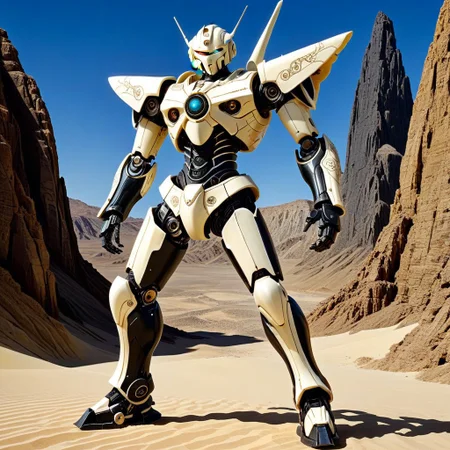 made out of, ebony, ivory, scrimshaw, bone carving, mecha, standing, pose, super robot anime, anime style,  desert mountain, 2d high score, masterpiece, best quality, absurdres,