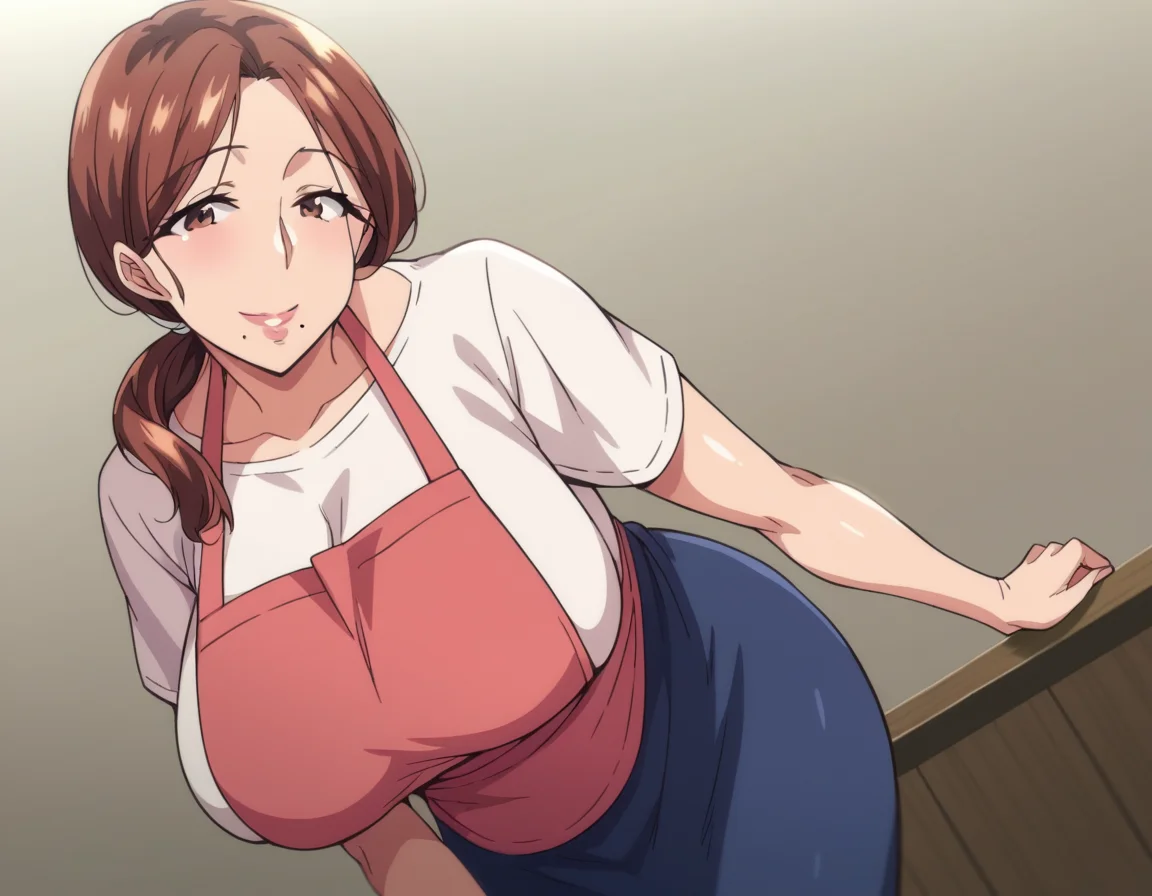 score_9, score_8_up, score_7_up, source_anime,
yumikokimura, <lora:yumiko-kimura-ova-ponyxl-lora-nochekaiser:1>,
yumiko kimura, long hair, brown eyes, mole, huge breasts, mole under mouth, mature female,
skirt, brown hair, apron, shirt, white shirt, pink apron, blue skirt, ponytail, hair over shoulder,
indoors, bent over, smile,
cowboy shot, looking at viewer, solo, dutch angle,