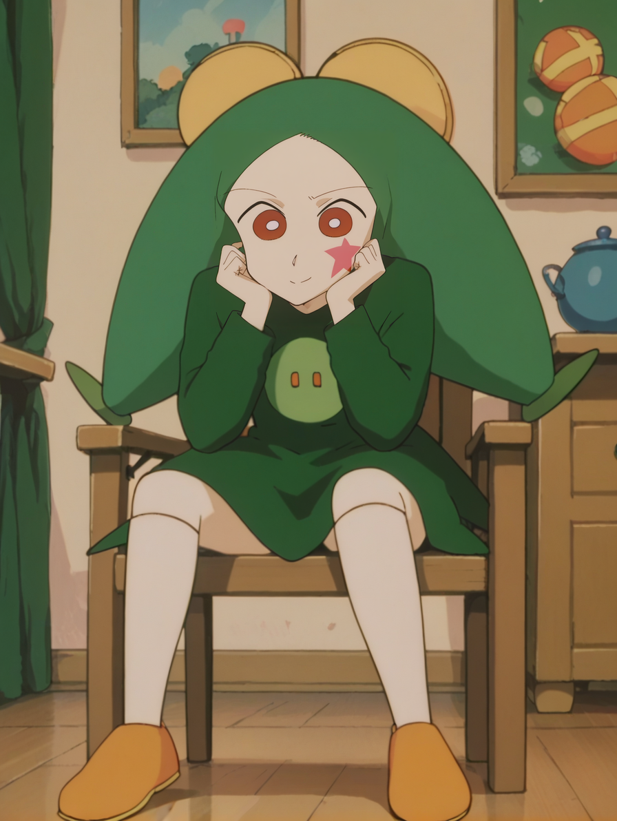 score_9, score_8_up, score_7_up, score_6_up, score_5_up, score_4_up,source_anime,anime screencap,uncensored,1girl,child,flat chested,BREAK
<lora:topema_v1:1> toppemampt, red eyes, green hair,  colored skin, facepaint, green shirt, green dress,shoes,long sleeves,living room, light_smile,sitting on chair, looking at viewer, head rest,desk, (confused:0.8)